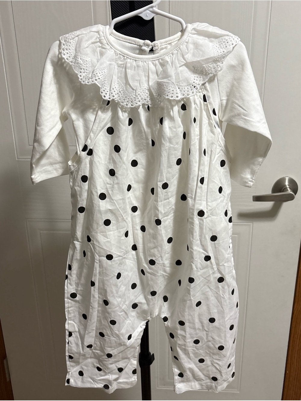PatPat White Romper with Black Polka Dots and Lace Collar